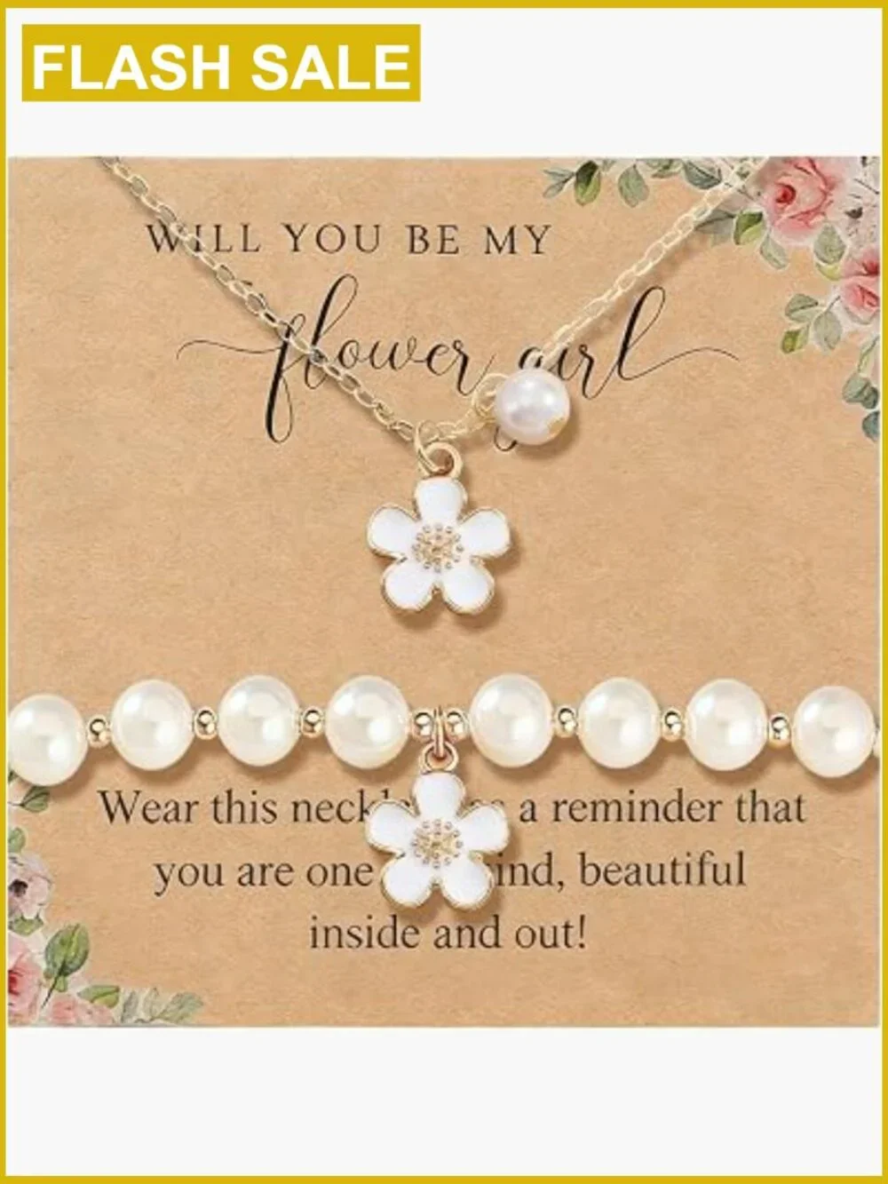 Flower Girl Proposal Gift Pearl Necklace & Bracelet Set Adjustable